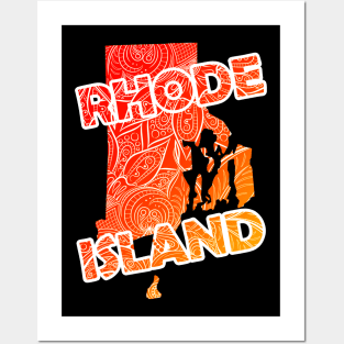 Colorful mandala art map of Rhode Island with text in red and orange Posters and Art